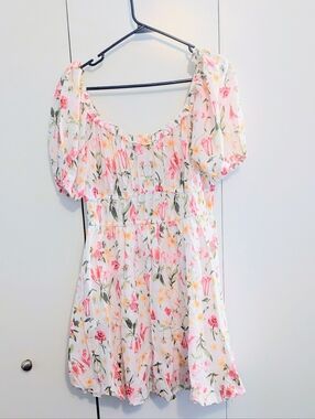 H&M Soft White Cotton Mini Dress With Pink Yellow Spring Floral Design Medium